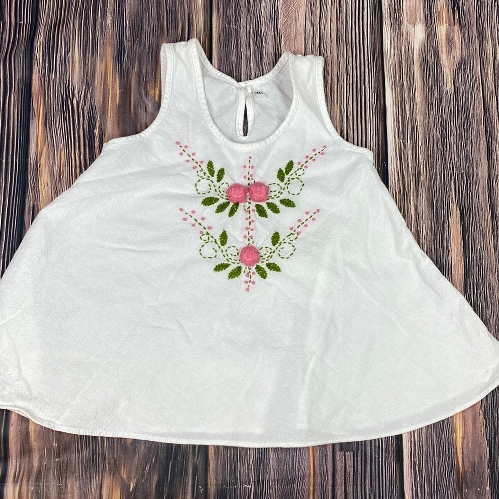 Beautiful Girls White Cotton Top w/ Pink & Green Floral Embroidery- XL